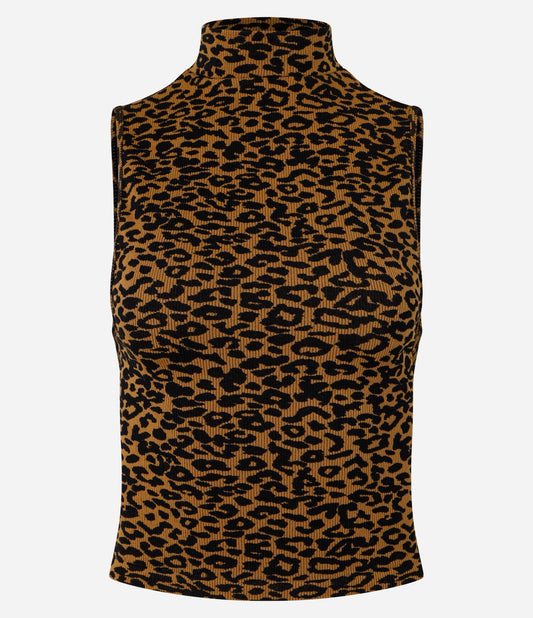 Blusa de poliamida sin costuras con cuello alto y estampado animal marrón