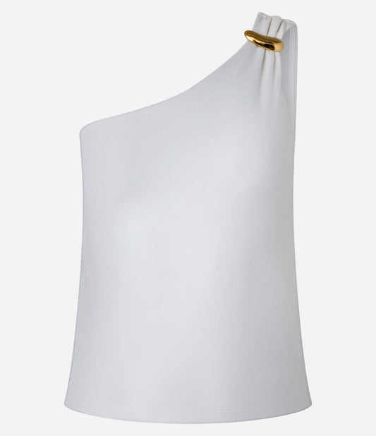 Blusa de un hombro de sarga con ribete metálico blanco