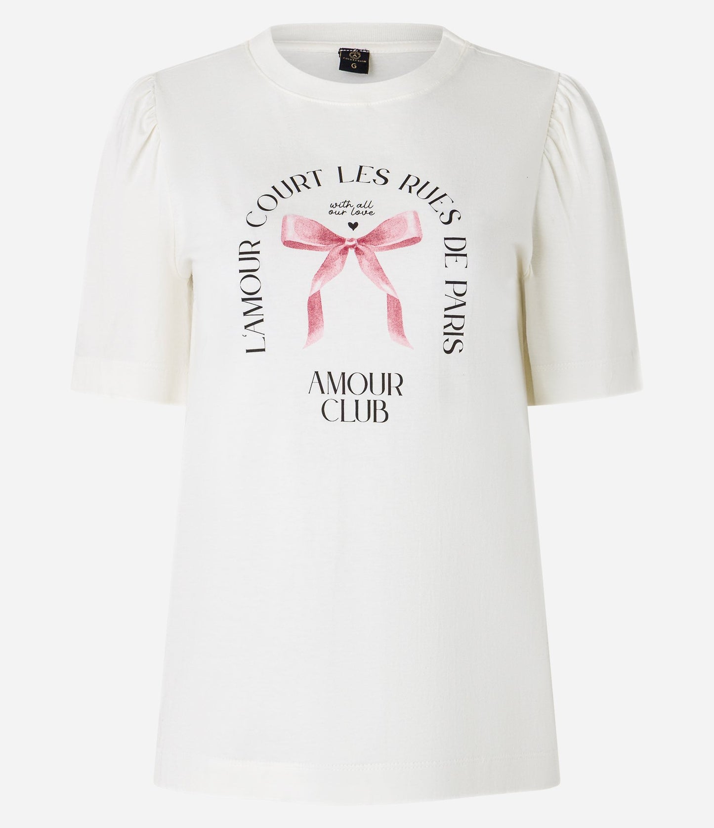 Maglietta slim in cotone con maniche a sbuffo e stampa fiocco L'Amour in bianco sporco