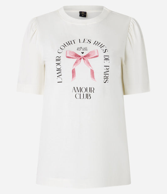 Maglietta slim in cotone con maniche a sbuffo e stampa fiocco L'Amour in bianco sporco