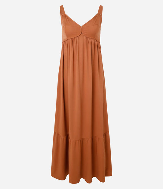 Vestito midi lungo marrone in twill di viscosa con schiena smockata