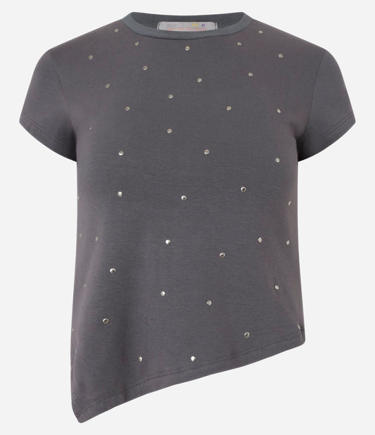 Blusa de Algodón Gris con Destellos Aplicados y Dobladillo Asimétrico