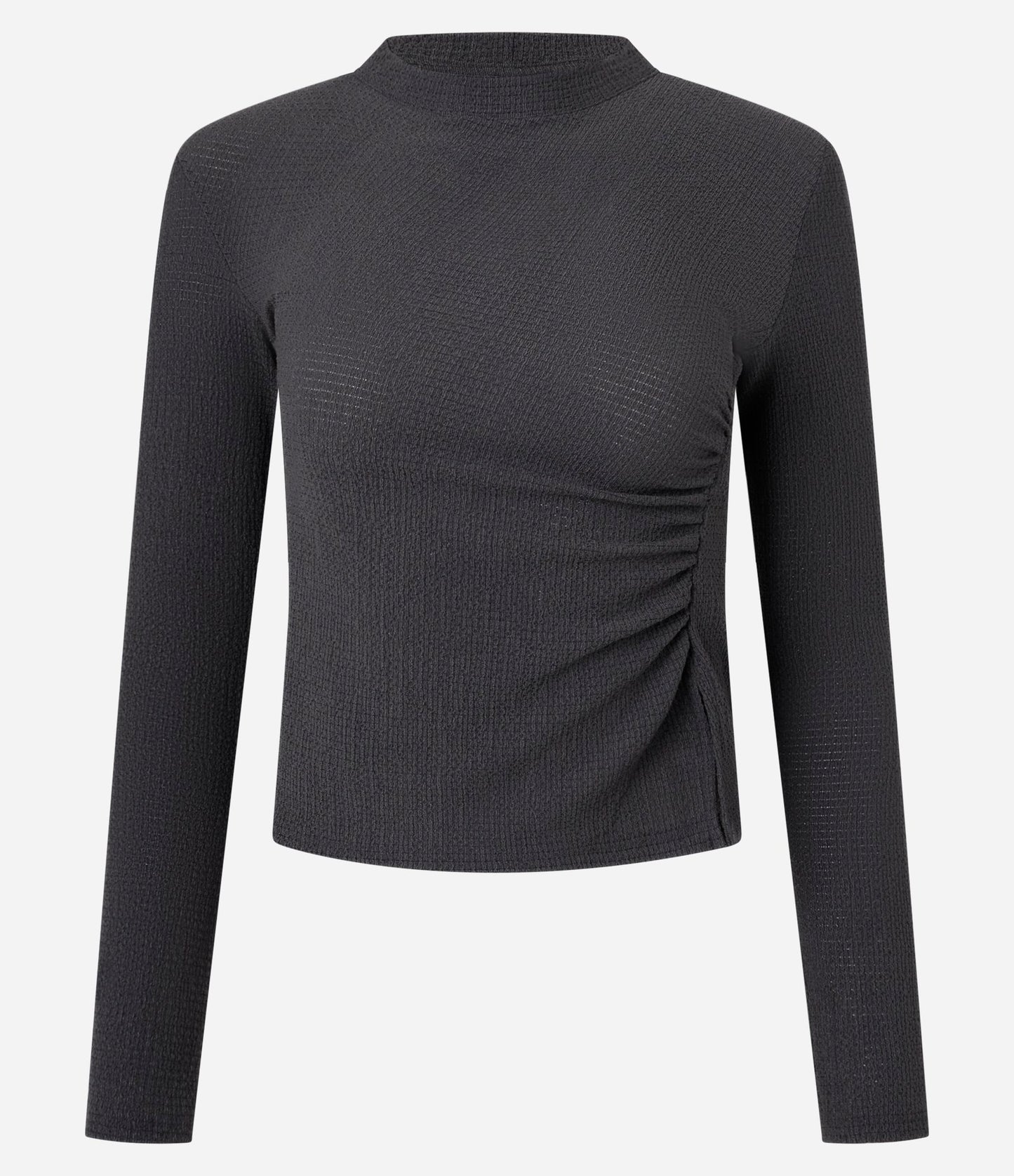 Camicetta strutturata con colletto alto e ruche laterali in grigio antracite