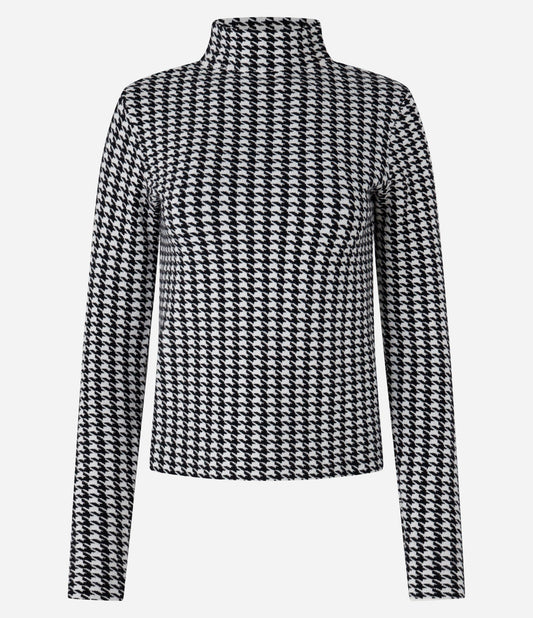 Jersey de jacquard con cuello alto y estampado de pata de gallo negro