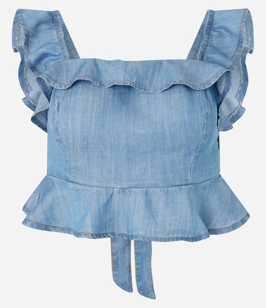 Blusa Jeans Azul com Babados e Amarração nas Costas