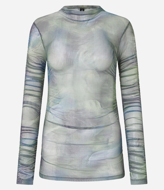 Blusa verde de tul con fruncido lateral