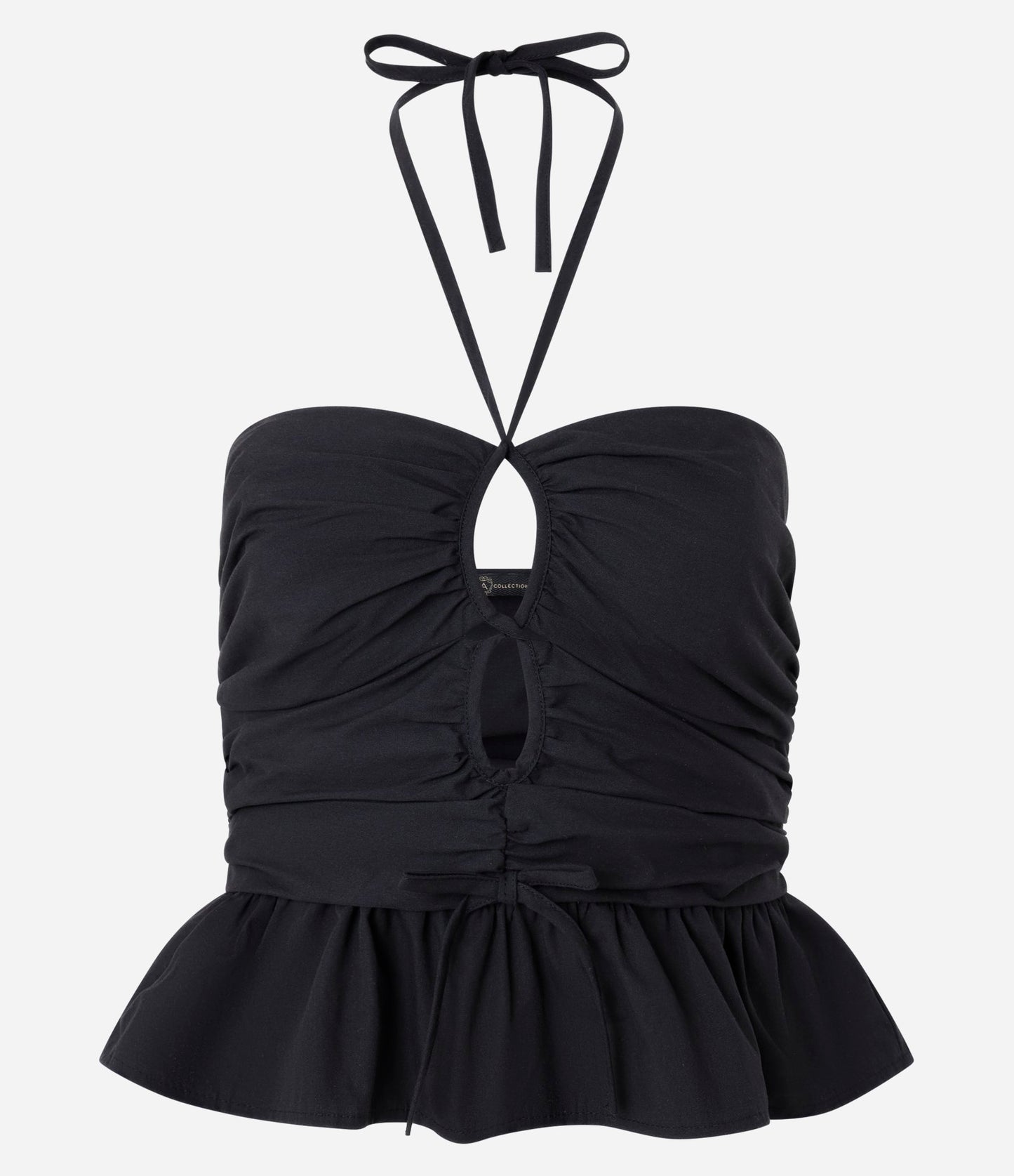 Blusa com Gola Halter em Tricoline Preto com Recortes e Franzidos