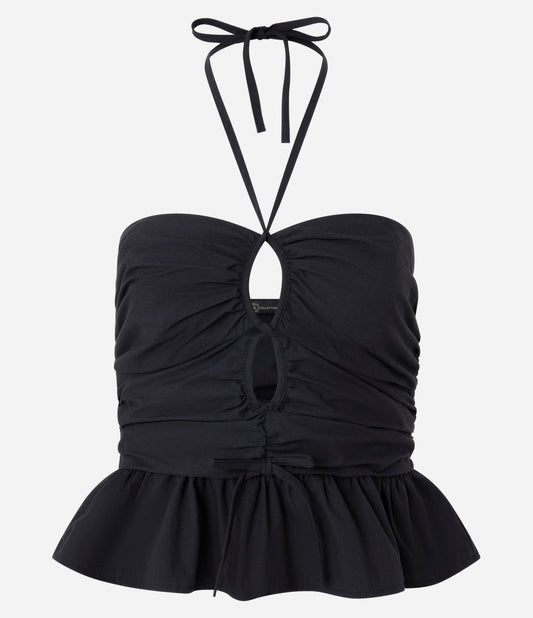 Blusa com Gola Halter em Tricoline Preto com Recortes e Franzidos
