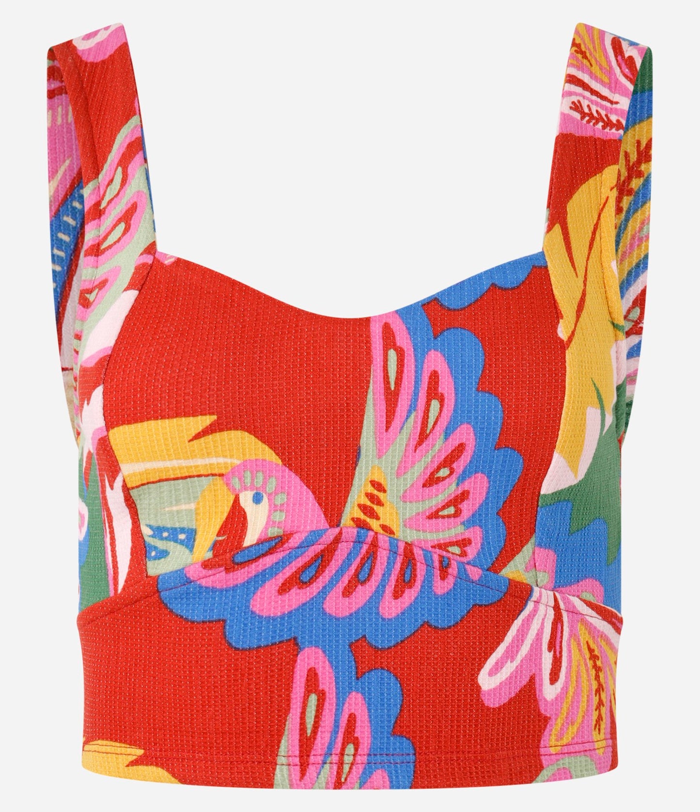 Cropped Blouse with Heart Neckline and Textured Multicolor Tropical Print