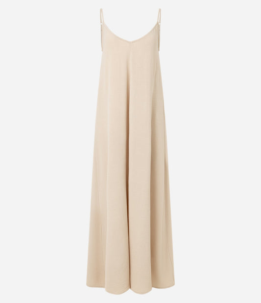 Light Beige Long Midi Dress in Crepe with Thin Straps