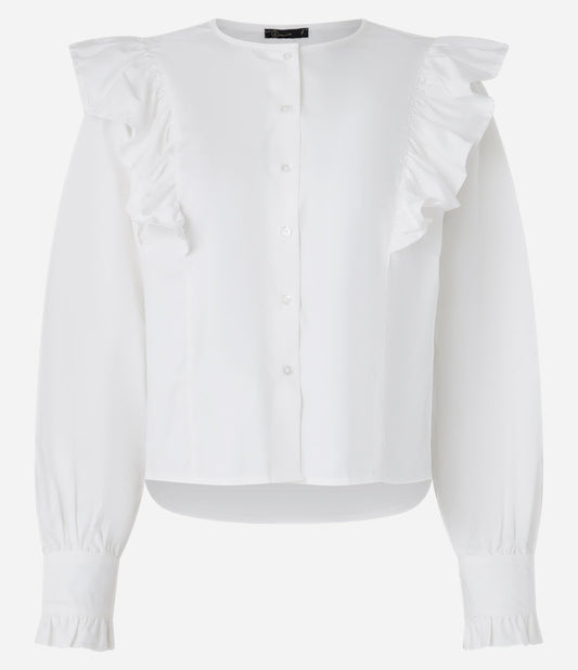 White Tricoline Shirt with Ruffles and Puff Sleeves