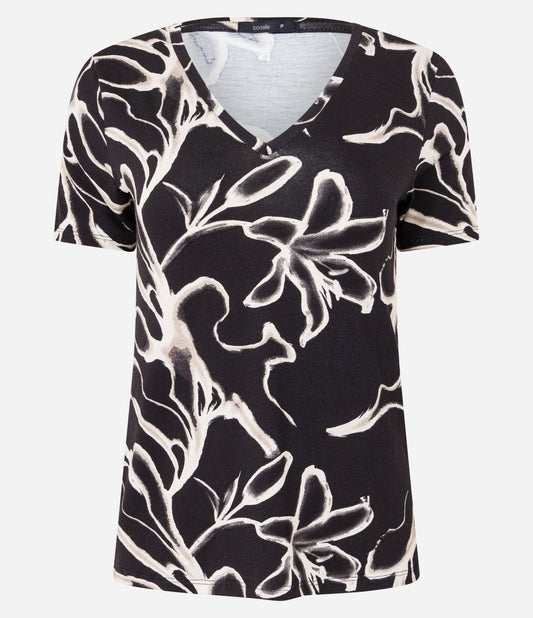 Black Floral Print Cotton Blouse with Blur Effect