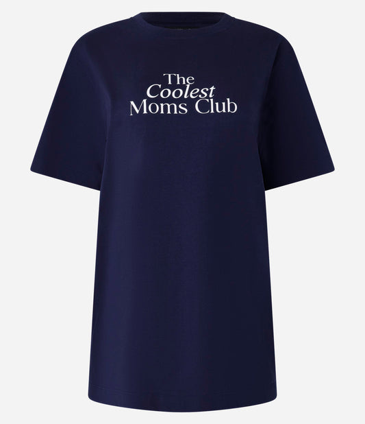 Maglietta in cotone blu navy con scritta "Coolest Moms Club".