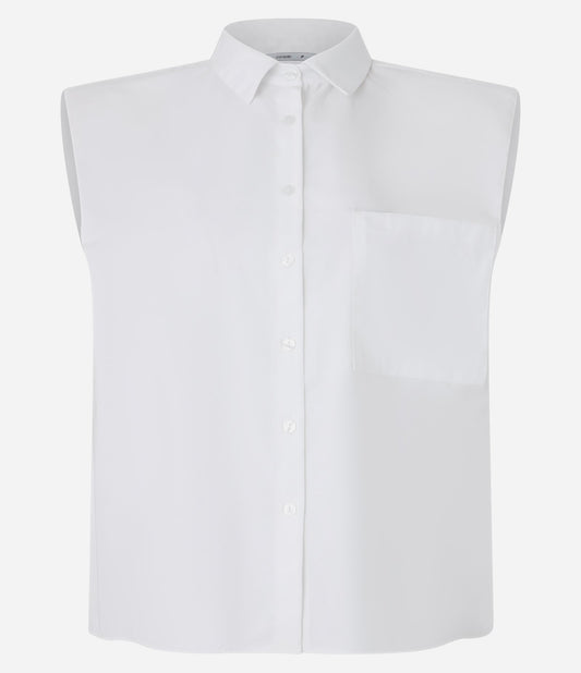 Camisa Branca Tricoline Sem Mangas com Bolso no Peito