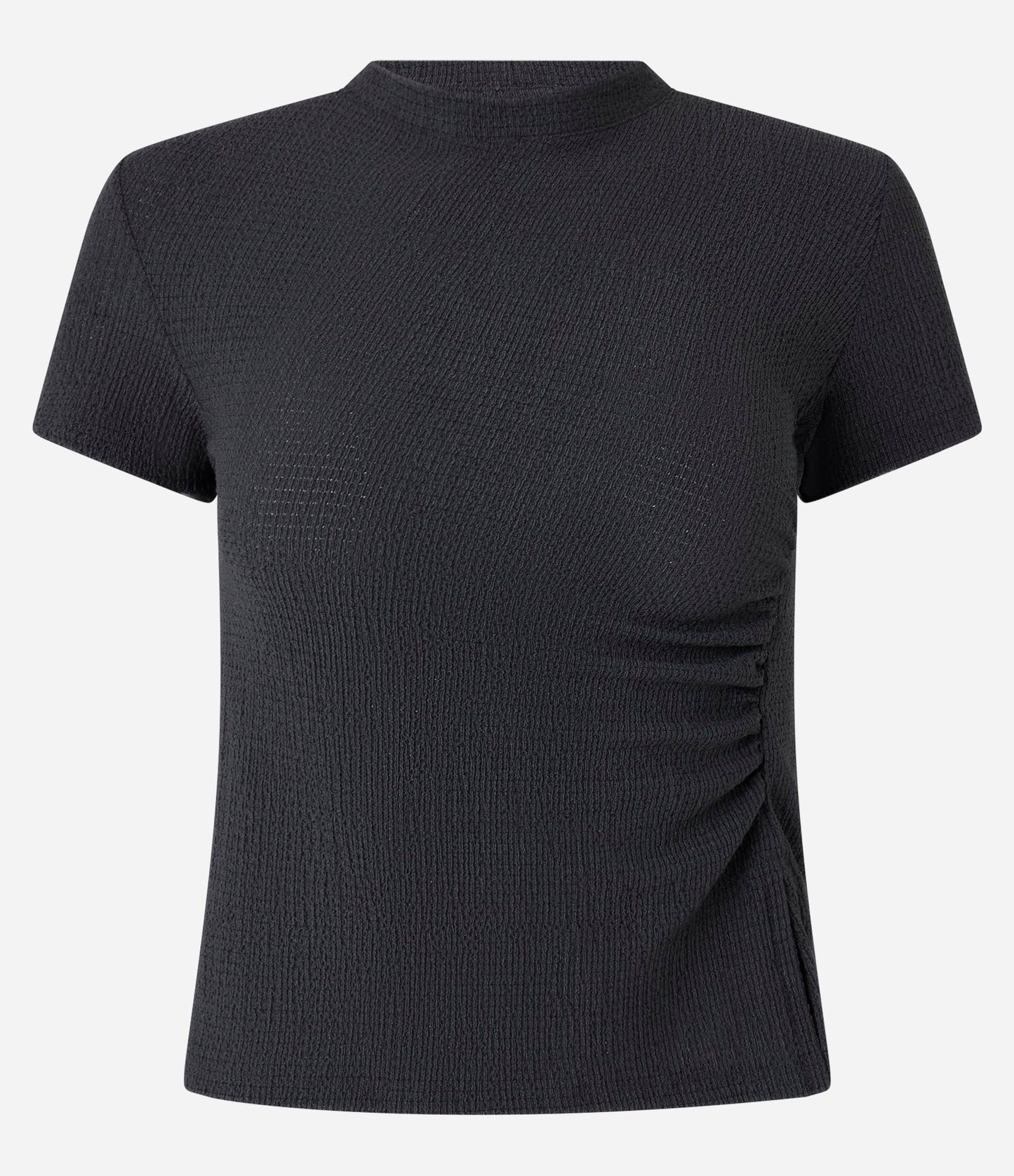 Blusa Preta Texturizada com Gola Alta e Franzidos