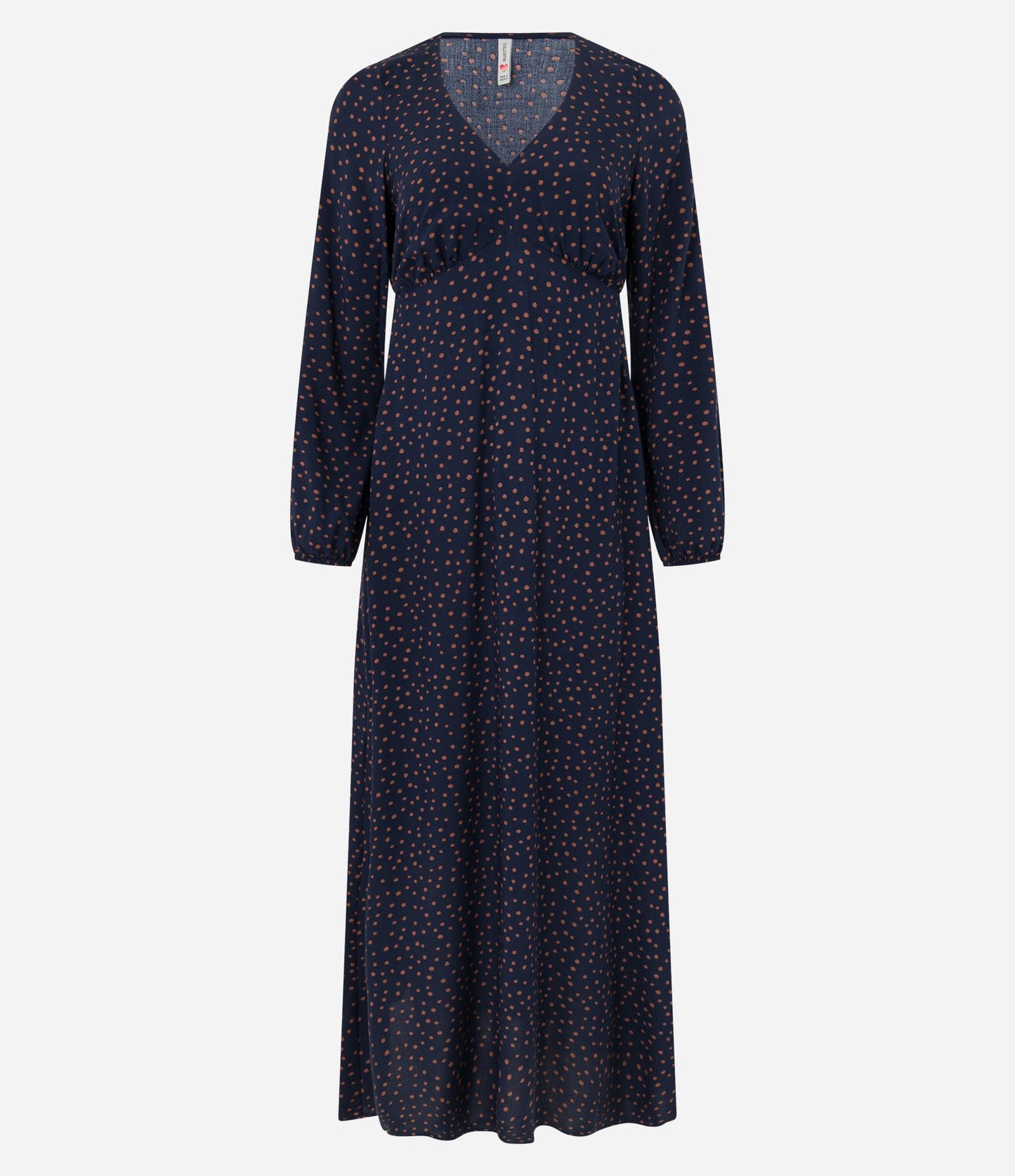 Abito lungo in twill di viscosa con maniche a sbuffo e stampa a pois blu scuro