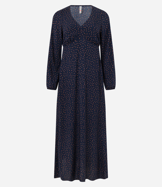 Abito lungo in twill di viscosa con maniche a sbuffo e stampa a pois blu scuro