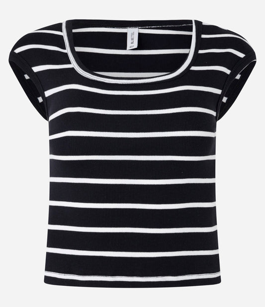 Top a righe a coste con scollo quadrato in nero/bianco