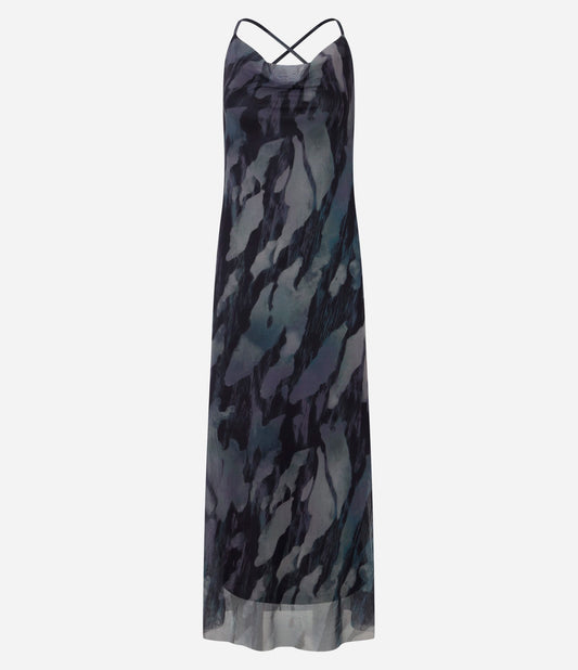 Vestito lungo in tulle con scollo drappeggiato e stampa astratta nera