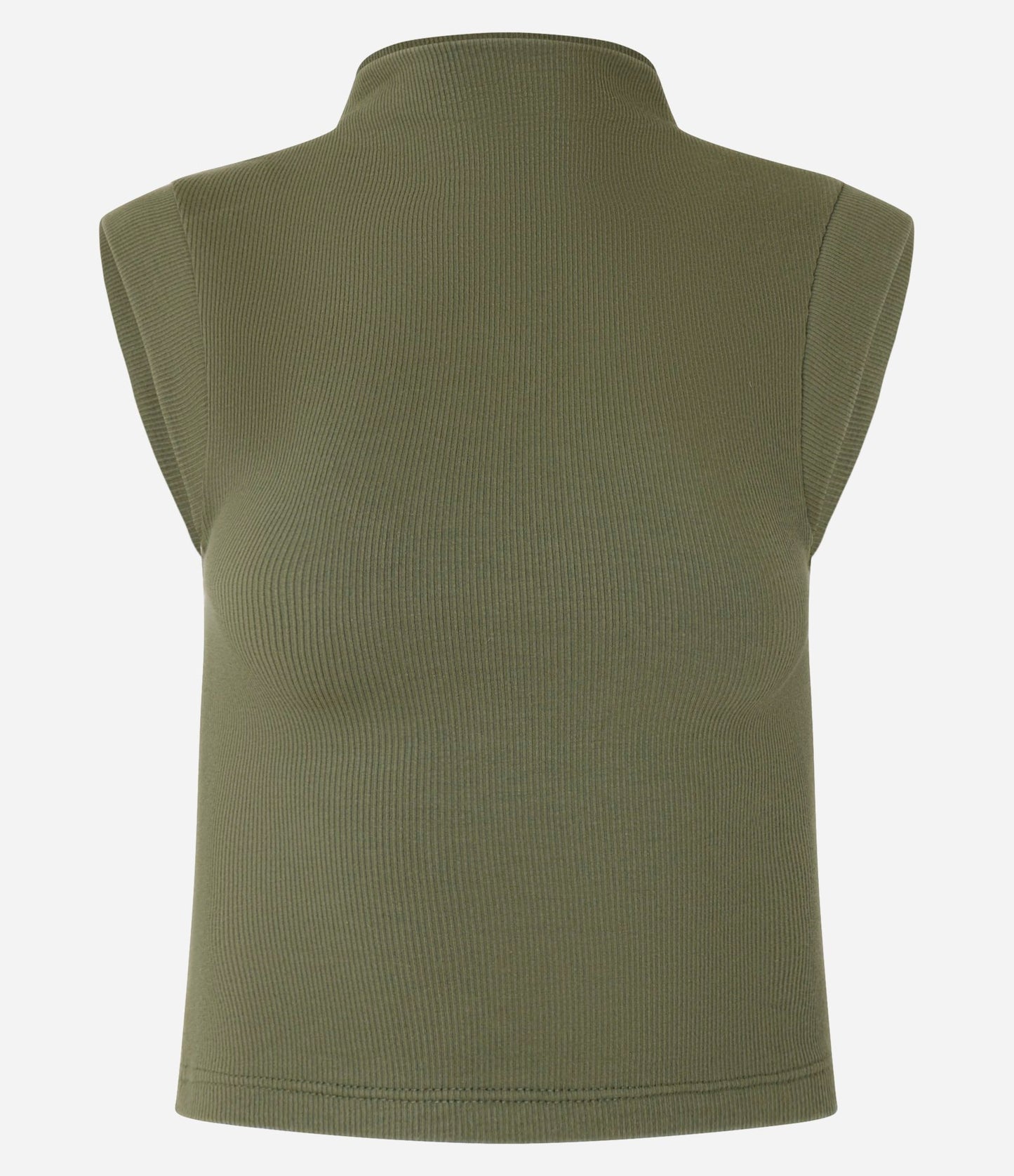 Blusa Verde Canelada com Gola Alta e Cavas Estendidas