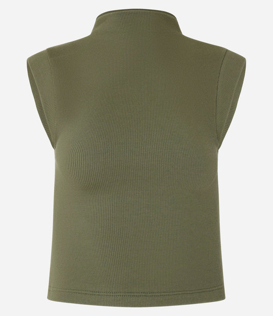 Top verde a coste con collo alto e giromanica allargato