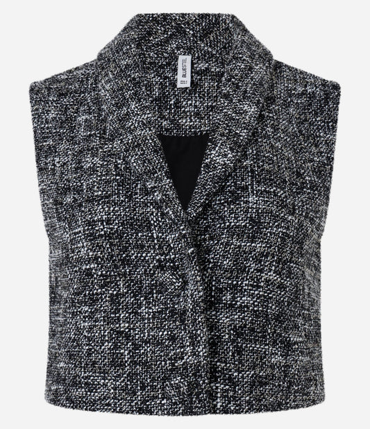 Colete Cropped de Tweed Preto com Lapela