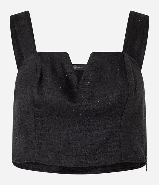 Camicetta nera in crepe con scollo unico e lucentezza