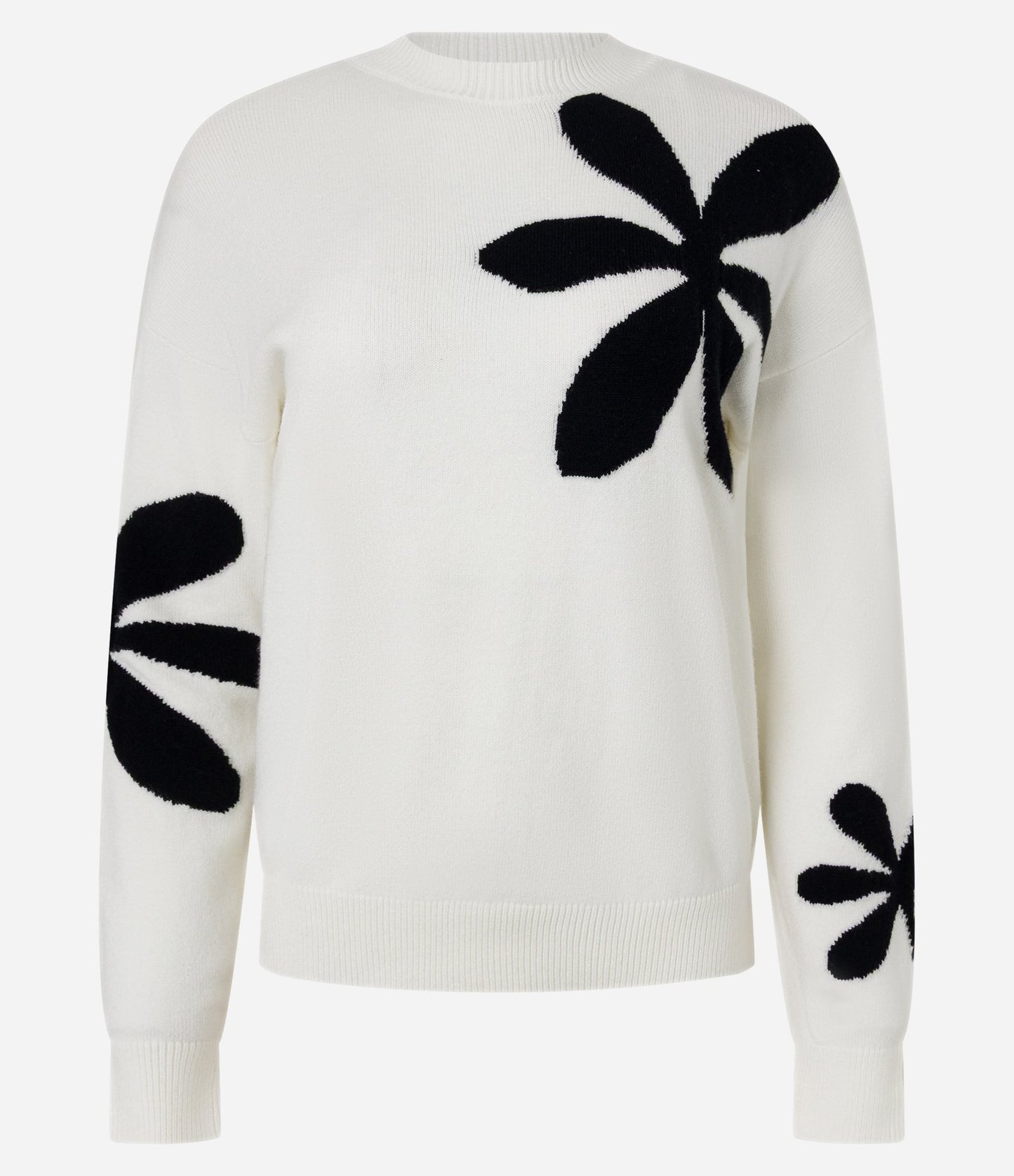 Suéter de Malha Pesada Regular com Flores Brancas/Preto