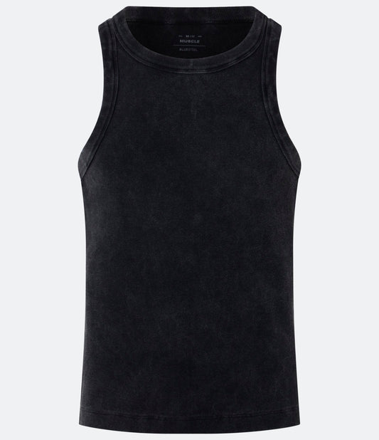 Canotta muscolare a costine nera con effetto distressed