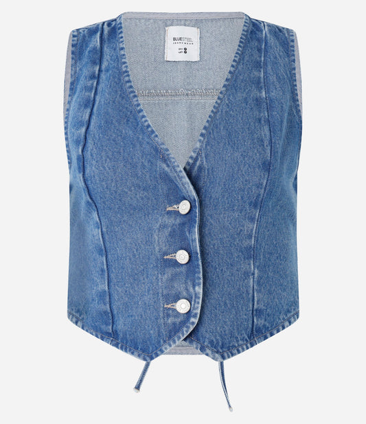 Denim Vest with Front Buttons and Back Tie in Blue