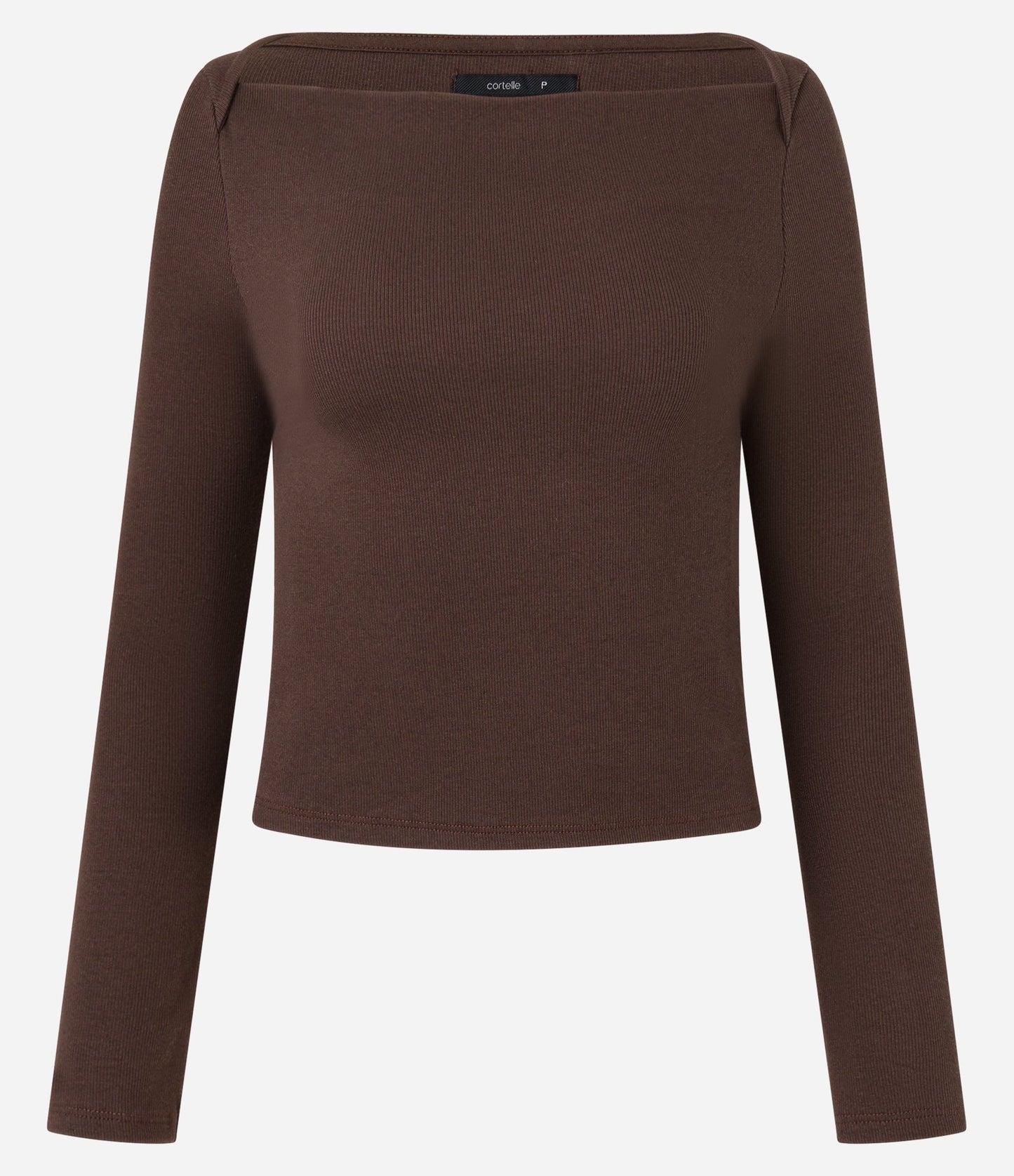 Blusa em ribana com decote reto e manga longa marrom