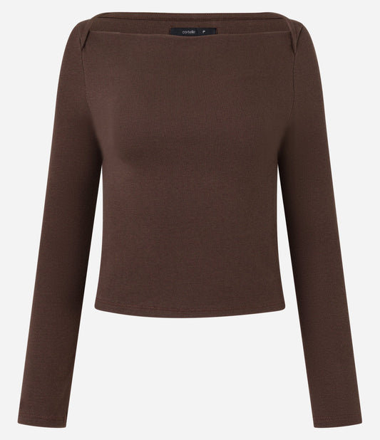 Blusa em ribana com decote reto e manga longa marrom