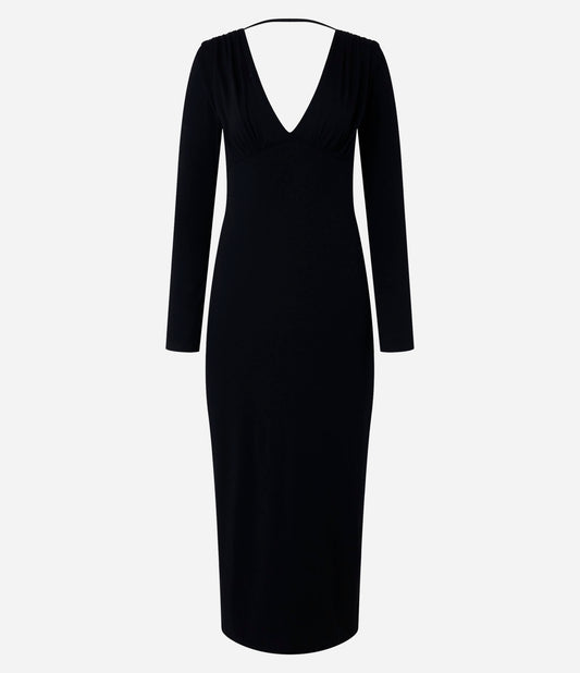 Vestido longo midi preto em viscose com mangas longas