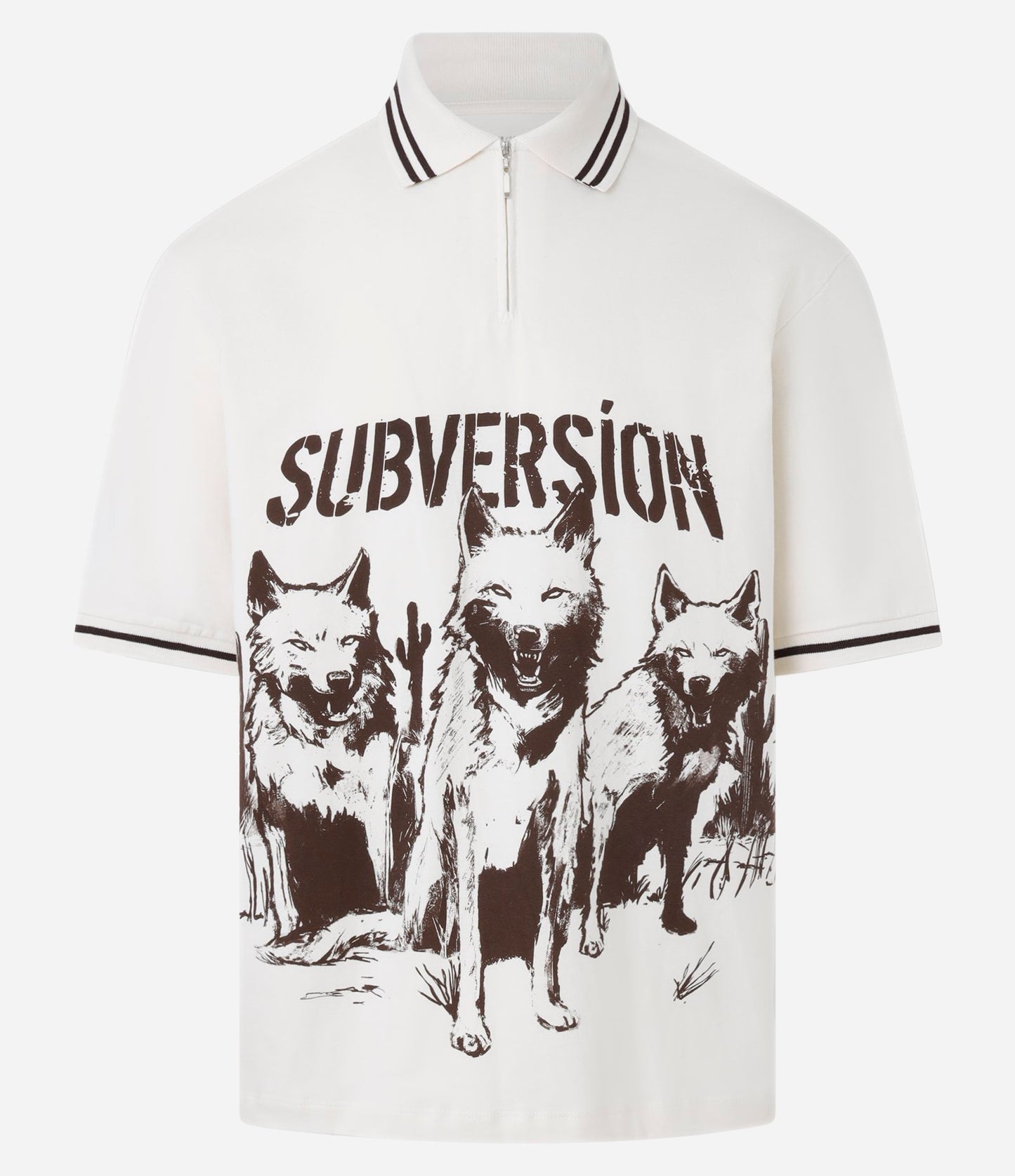 Camisa de Algodão Bege Oversized com Gola Polo, Zíper e Estampa de Lobo "Subversion"