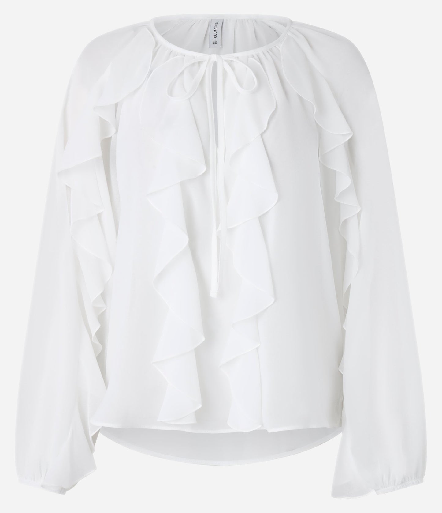 Camicetta bianca in chiffon bohémien con volant e dettagli a cravatta