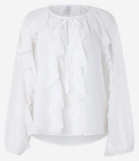 Camicetta bianca in chiffon bohémien con volant e dettagli a cravatta