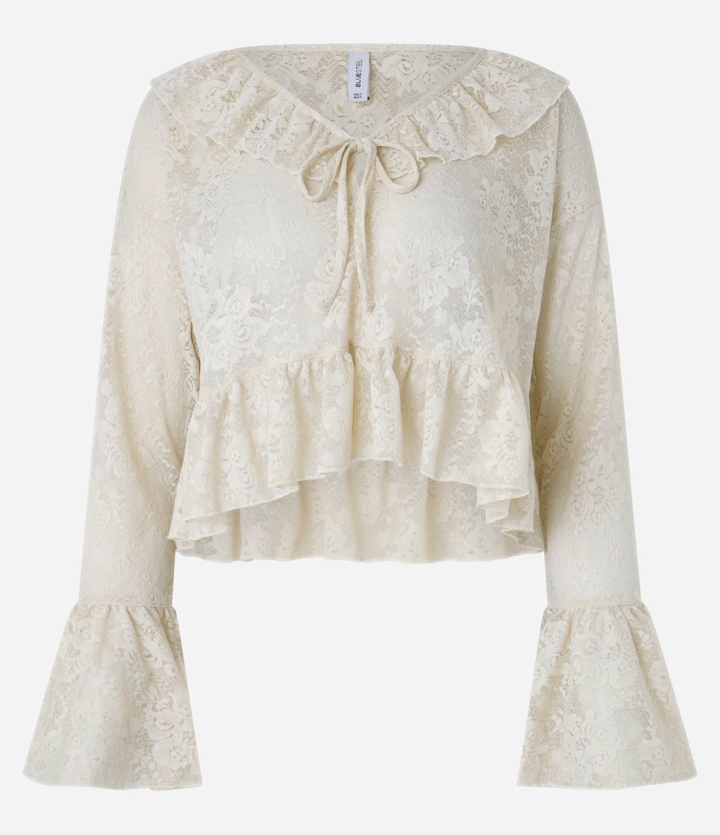 Blusa de Encaje con Volantes y Cuello de Lazo en Biscotti