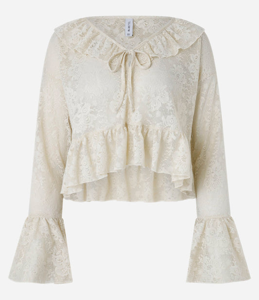Blusa de Encaje con Volantes y Cuello de Lazo en Biscotti