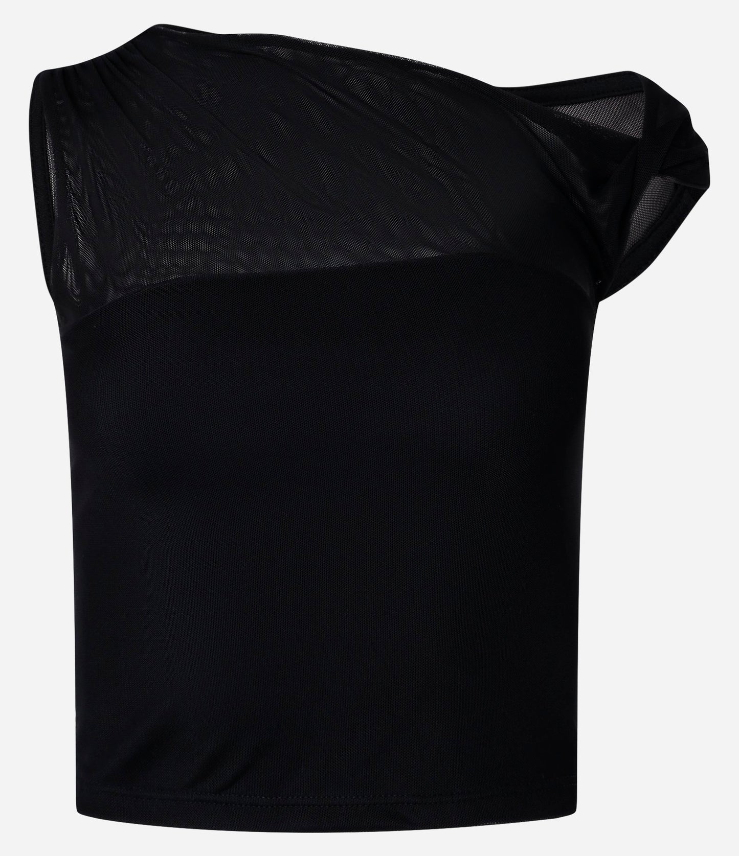 Blusa Preta de Tule com Detalhe Torcido no Ombro