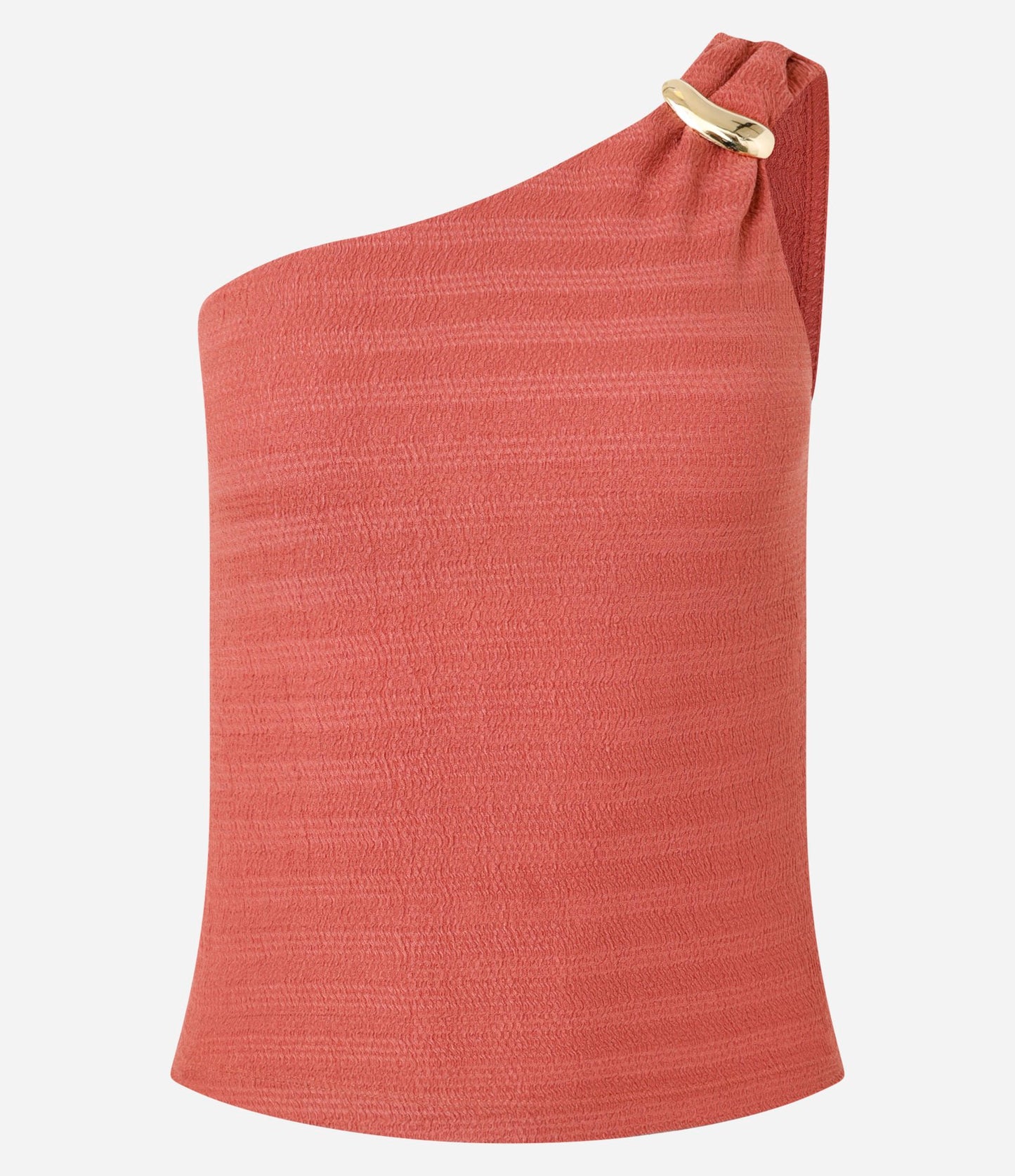 Textured One-Shoulder Blouse with Orange Metal Trim