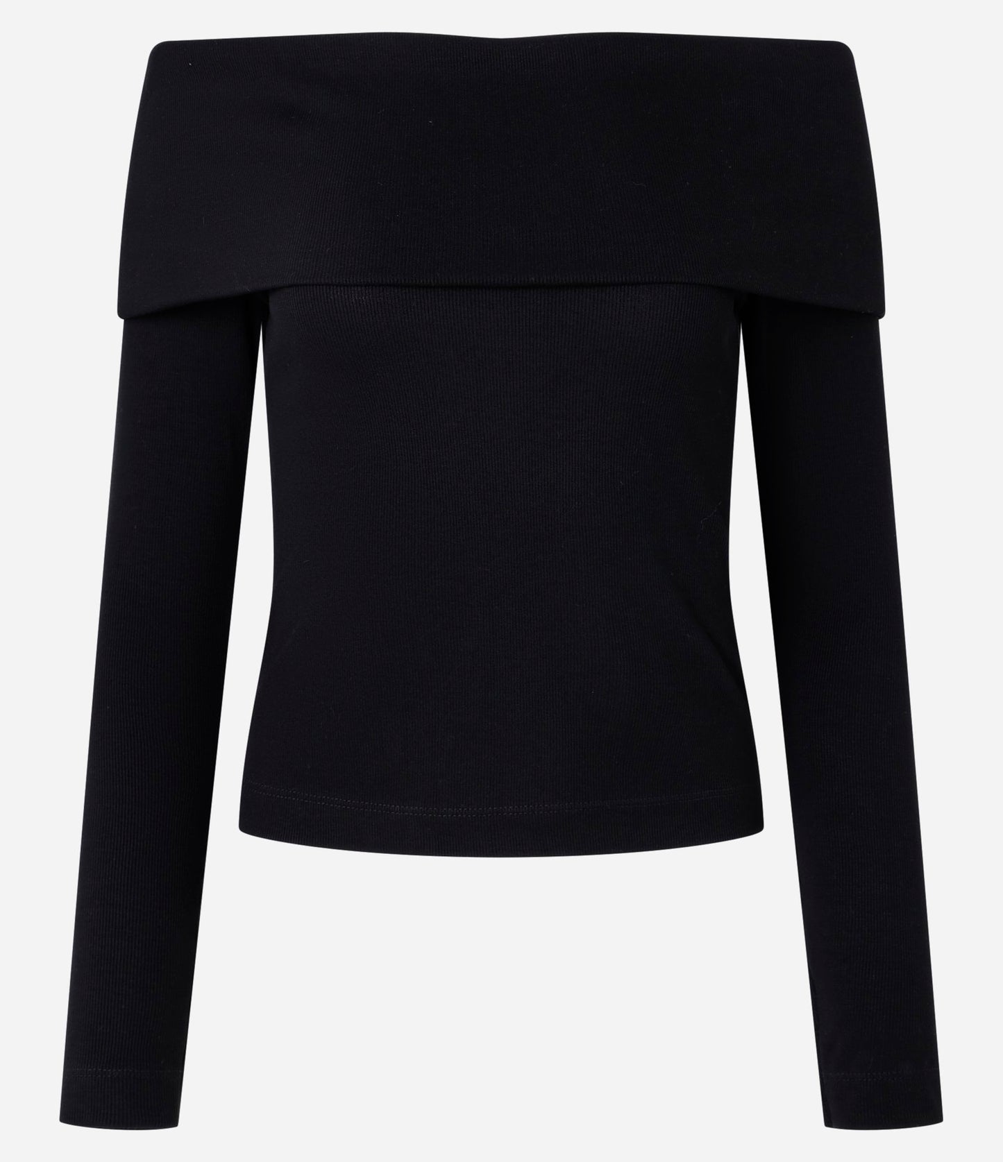 Off-Shoulder Ribbed Blouse with Folded Collar in Black