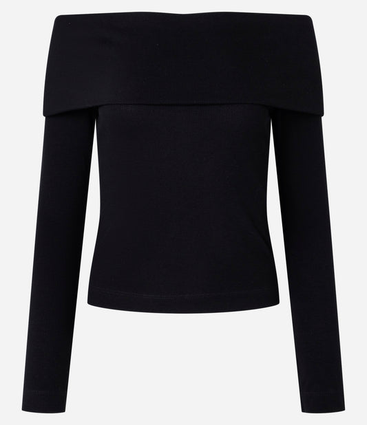 Off-Shoulder Ribbed Blouse with Folded Collar in Black