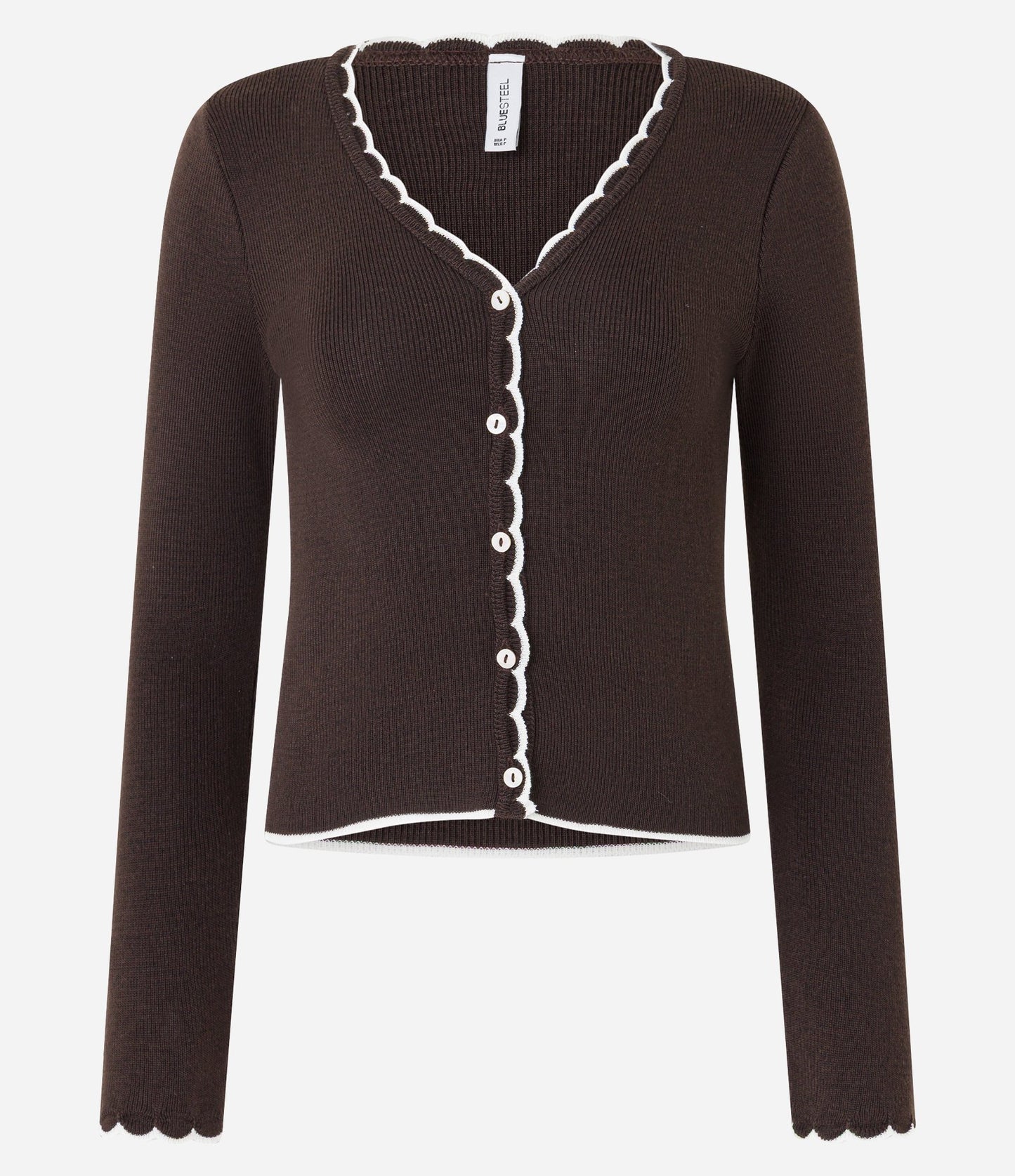 Giacca in maglia leggera con bordi ondulati a contrasto marrone