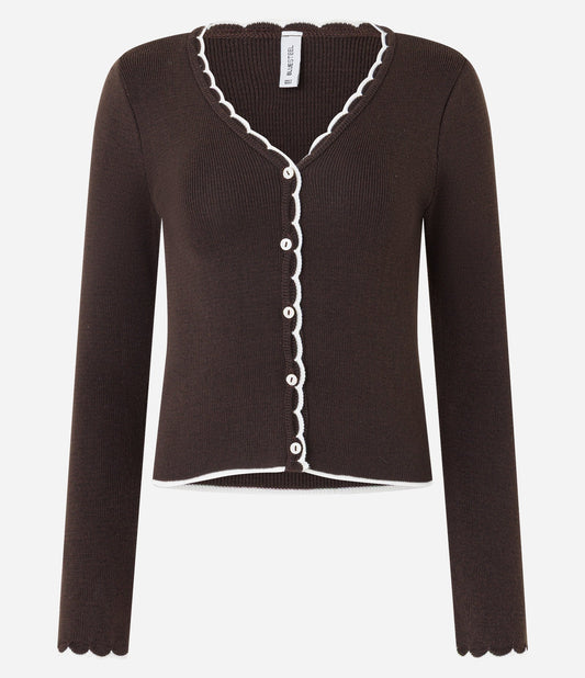 Giacca in maglia leggera con bordi ondulati a contrasto marrone