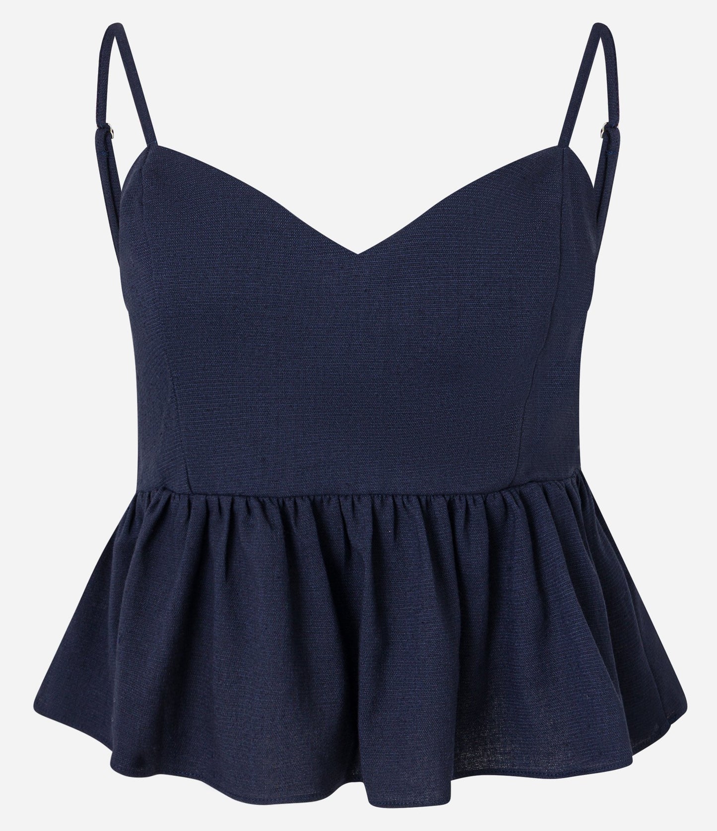 Blusa de tirantes de viscosa y lino azul marino con dobladillo de volantes