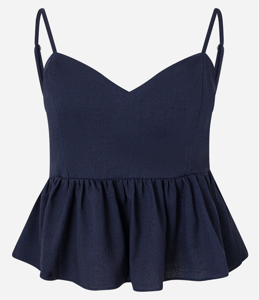 Blusa de tirantes de viscosa y lino azul marino con dobladillo de volantes