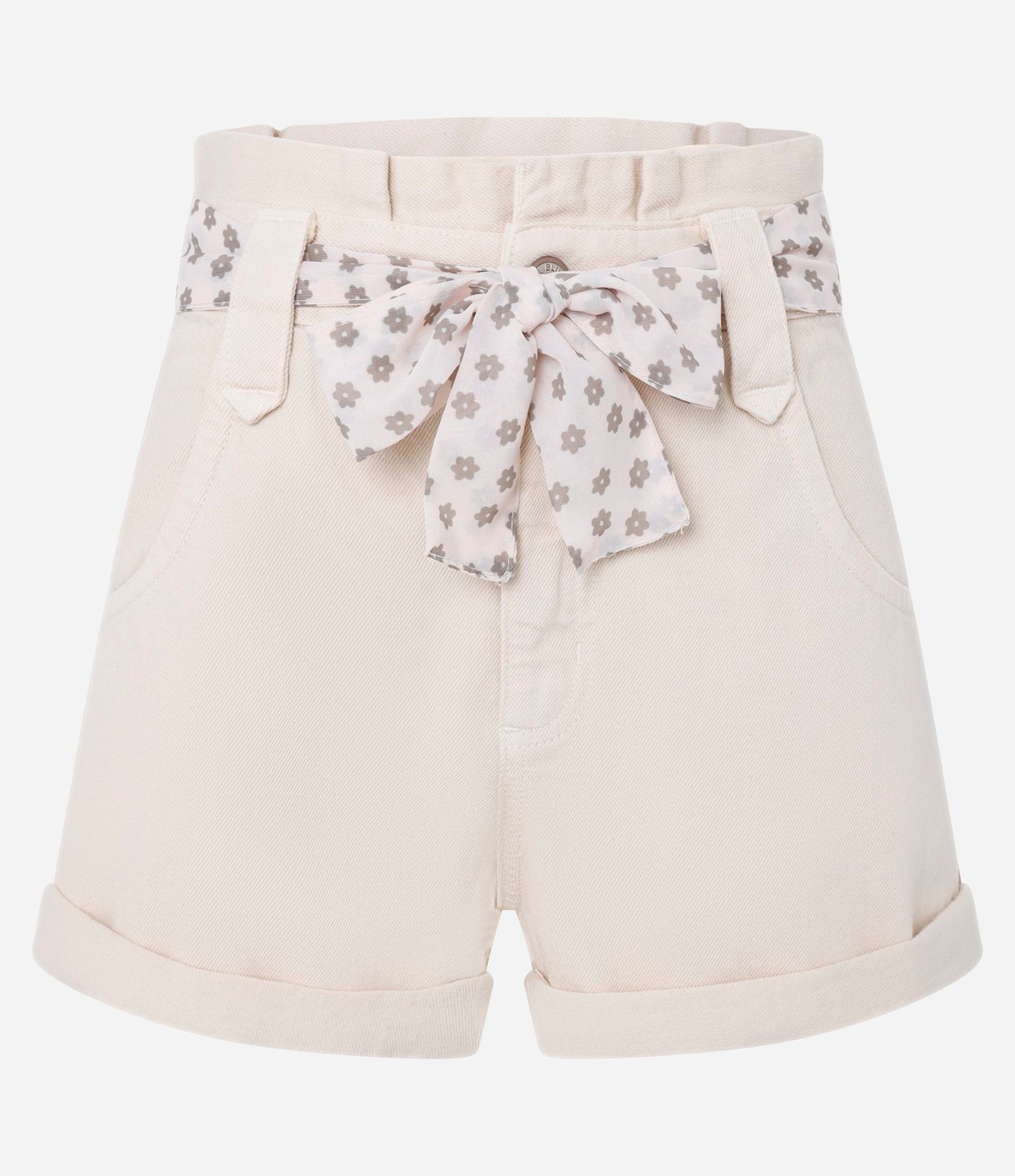 Beige Twill Mom Shorts with Scarf Belt and Rolled Hem