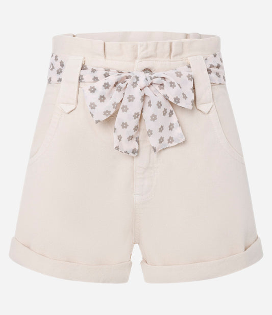 Beige Twill Mom Shorts with Scarf Belt and Rolled Hem
