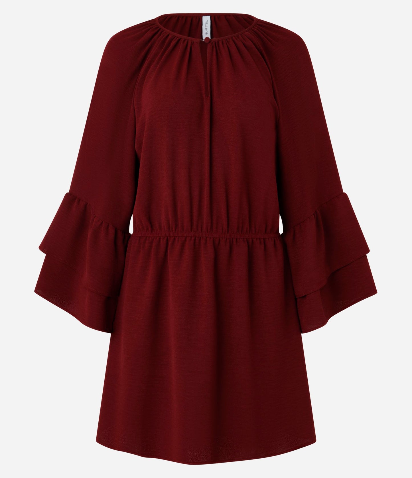 Vestido curto de crepe com mangas com babados e cintura elástica em vermelho vinho