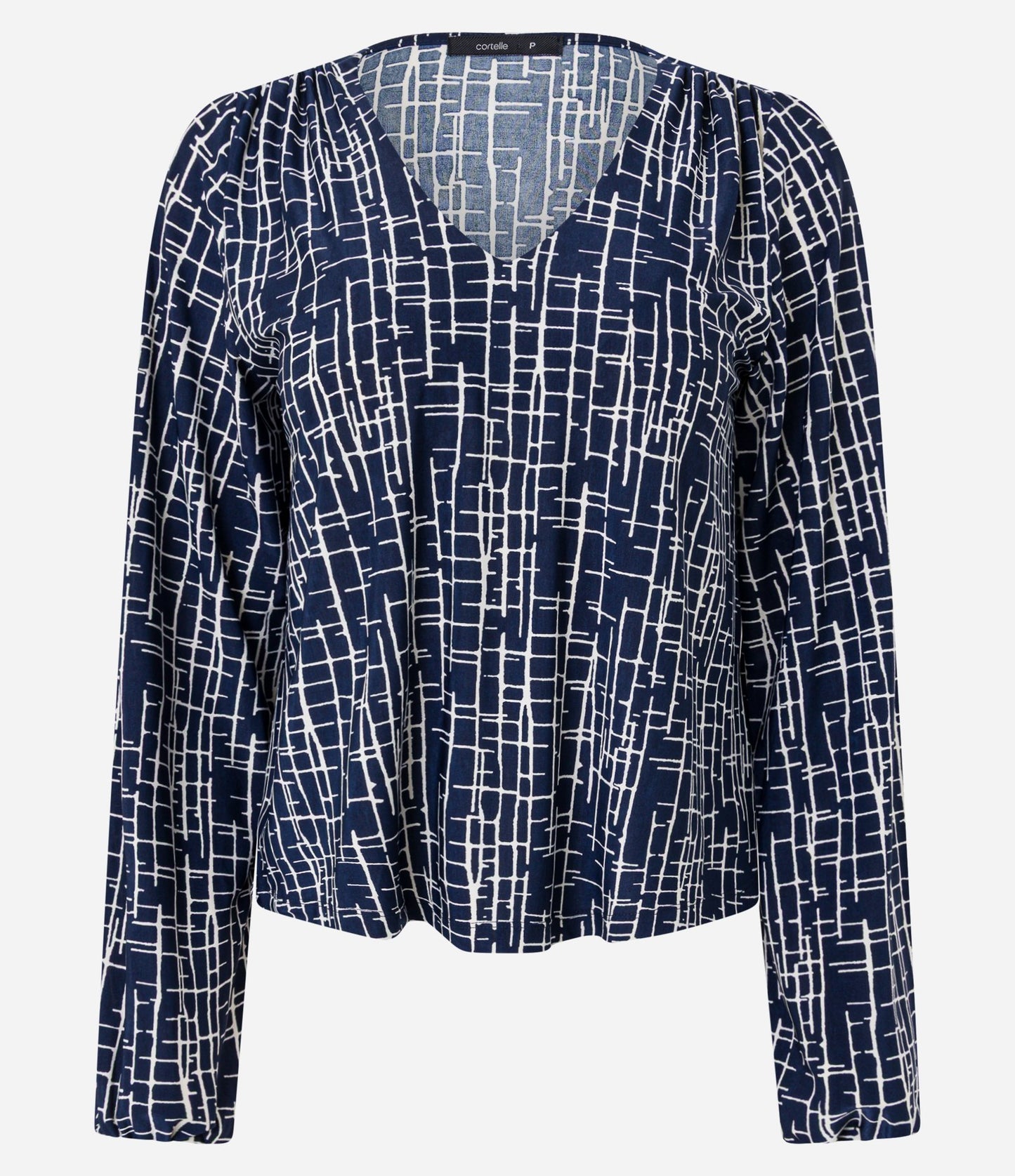 Microfiber Blouse with Geometric Print and Blue V-Neck